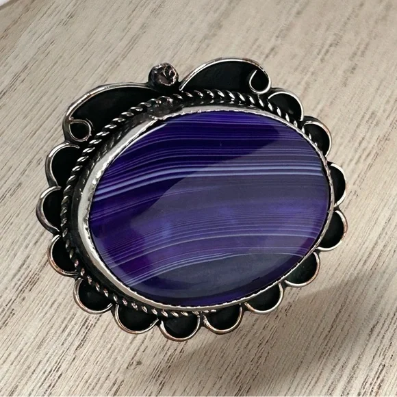 Gary Nez Navajo Purple Banded Agate Native American Huge Signed GN Ring Size 8